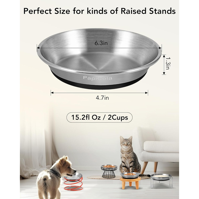 Набори мисок для котів з нержавіючої сталі, 3 шт., 16 см. Антиковзка підставка, широкі та плоскі миски, зручні для вусів