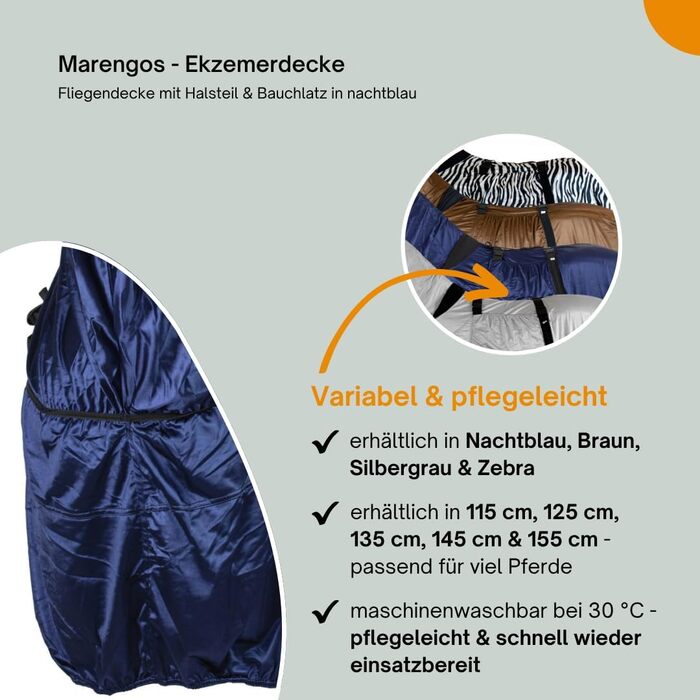 Marengos екземна попона з шийною частиною та захистом живота, антимоскітна, з дрібної сітки, нічно-синя, 135 см