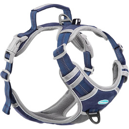 Шлейка для собак ThinkPet проти тяги, дихаюча, з ручкою, світловідбиваюча, регульована, для середніх та великих собак, застібка ззаду/спереду для зручного контролю, L, Темно-синій L (Обхват грудей: 19'-30'), Темно-синій