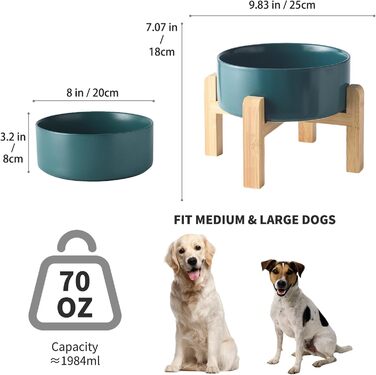 Керамічна годівниця для тварин Welloyed з піднятим, антиковзним підставкою з бамбука, 20,3 см, підходить для миття в посудомийній машині та мікрохвильовці, запобігає блювоті, міцна годівниця для середніх порід