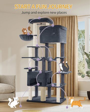 Декілька рівнева кігтеточка для котів Hzuaneri MS20018LG, 200 см, XXL, 10 стовпчиків, 2 печери, 2 гамаки, велика платформа, щітка для котів, кошик, для мейн-кунів та великих котів