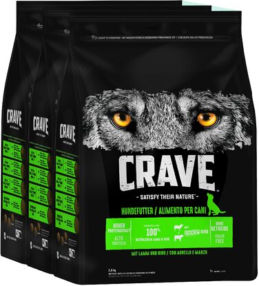 Беззерновий сухий корм для дорослих собак CRAVE з ягнятиною та яловичиною, преміум-клас, високий вміст протеїну, 11,5 кг (набір 3х2.8 кг)