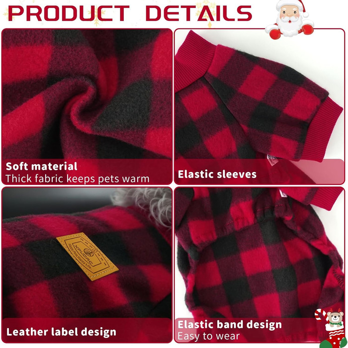 XPUDAC Піжама для собак на Новий Рік, в клітинку, для маленьких та середніх собак, дівчаток та хлопчиків, флісова, тепла, зимова (розмір M)