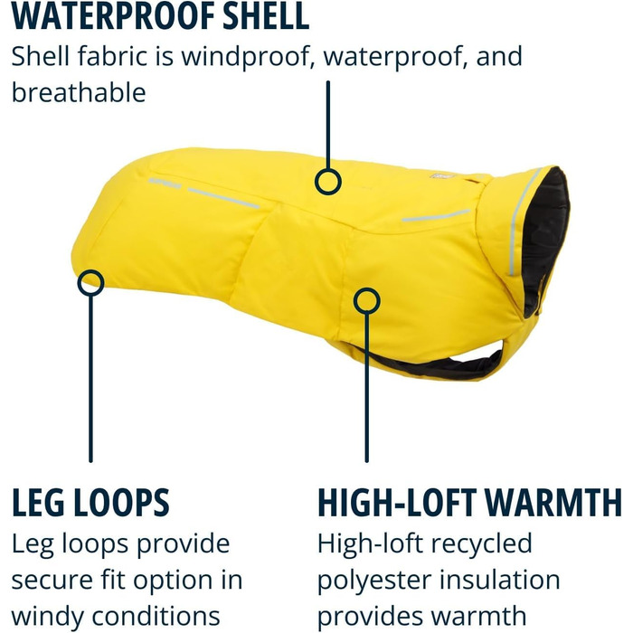 Ruffwear Vert зимова водонепроникна куртка для собак XS, ізоляційна жовта дощовик для собак, легка всепогодна жилетка для собак, мінерально-жовтий