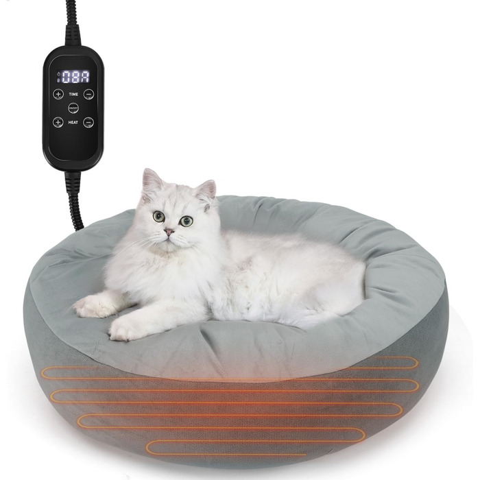 Кішечкове ліжко Nobleza з регульованою температурою, тепла підстилка у вигляді пончика з захисним кабелем, що не гризеться, 50 см, сіре