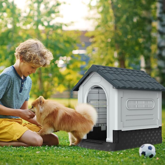 Будка для собак Aufun, пластикова, сіра, 65x56.5x67 см, M, для вулиці та дому, водонепроникна, ізольована