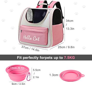 Рюкзак для тварин Surmounty з сітчастим вікном, складний рюкзак для кота/собаки з мискою для їжі та води, водонепроникний оксфорд, об'єм до 15 кг, рожевий