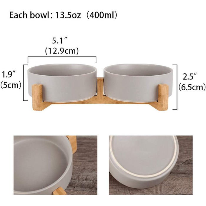 Набір мисок для собак та котів з кераміки, зелений колір, з дерев'яною підставкою (2 шт.), об'єм 400 мл (2 шт.)