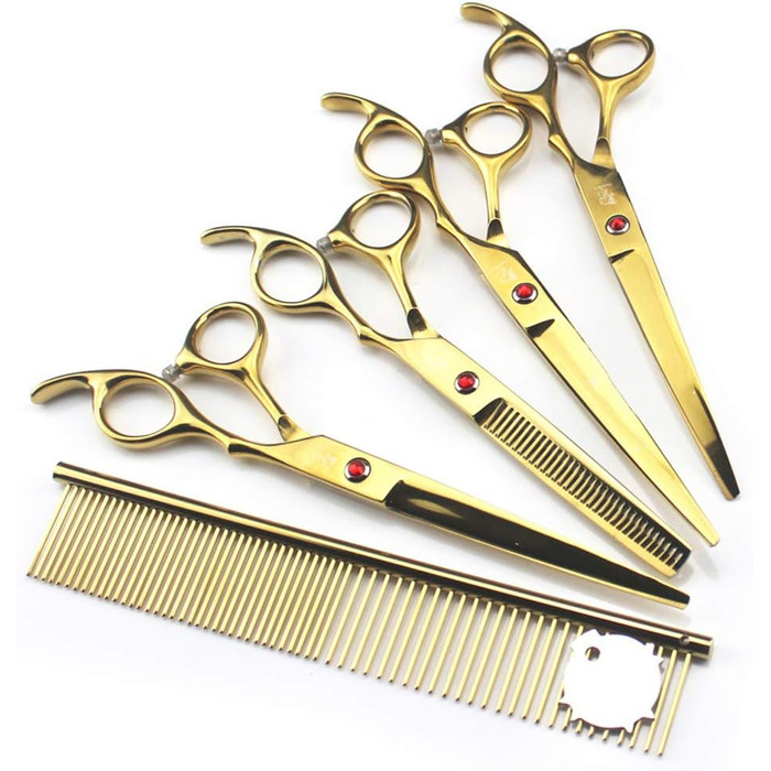 Набір ножиць для грумінгу собак, 7 дюймів, професійний набір для догляду за тваринами, нержавіюча сталь, вигнуті ножиці, ножиці для розрідження, гребінець для грумінгу собак і котів, 5 шт. (Золотий)