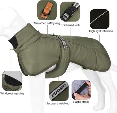 Водонепроникна тепла куртка для собак великих та середніх порід, зимова, з отвором для шлейки, світловідбиваючі смуги, зелена, 6XL