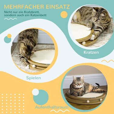 Інтерактивна когтеточка PawHut з м'ячиком, іграшка для котів з дерева та сизалю, захист для дивана, коричнева+кремова, Ø40 x 4,5 см