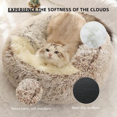 Кругла лежанка-будиночок для котів та собак, м'який плюш, з капюшоном, 60x60 см, колір кавовий