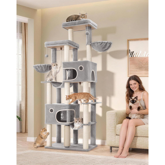 Комплекс для котів Hzuaneri Kratzbaum 213 см XXL: Дряпка-стовпчик, будиночок, платформа, лежак для Maine Coon (Світло-сірий)