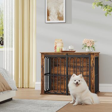 Дерев'яний вольєр для собак, 81 см, вольєр-стілець для дому, 2 двері, ковзні дверцята, для маленьких та середніх собак, міцний, 81 × 55 × 62,4 см, білий (коричневий)
