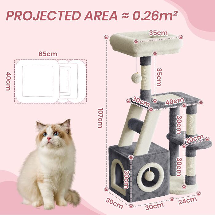 Кігтеточка для котів Dogat 107 см: багатоярусна, з будиночком, лежаком та ігровими елементами (сірий/бежевий)