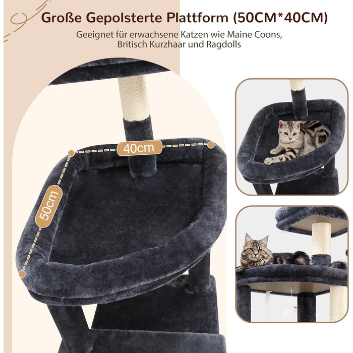 Драбина для котів Globlazer 193 см з будиночком, гамаком, великою платформою та іграшками. Стабільна для 3-5 котів (XXL, темно-сірий)