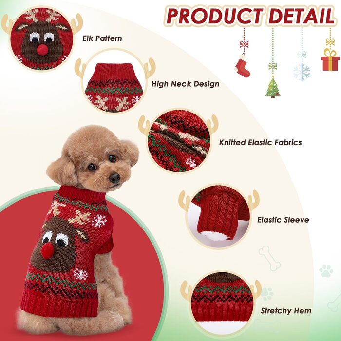 Пуловер для собак SlowTon на Різдво з оленем - теплий зимовий костюм для маленьких та середніх собак, червоно-білий (M)