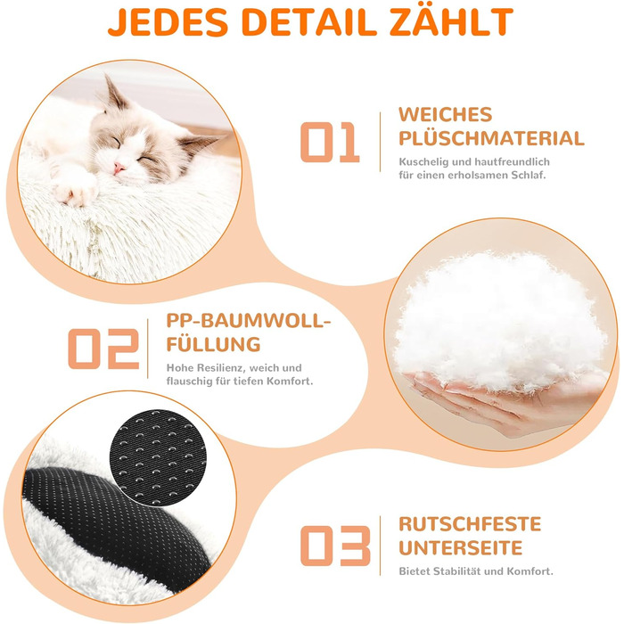 Ліжко для собак і котів ALLSOPETS, м'яке плюшеве, кругле, антистрес, зі знімним чохлом, несковзка основа, біле, 60 см – для малих і середніх порід