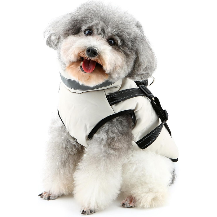 Тепла зимова куртка для собак маленьких порід (Yorkie, Chihuahua) з інтегрованим повідком, без рукавів, L кремового кольору