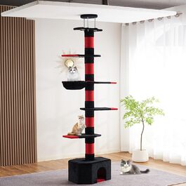 Мекідулу Кігтеточка для котів, 232-280 см, багатоярусна, регульована висота, обмотана чорним оксамитом та червоним сизалем (чорний, червоний)