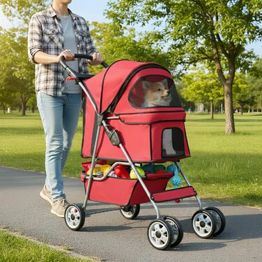 Візок для собак FDW, складний, для котів та собак з обертовими колесами на 360°, з кошиком для зберігання, подушкою та сітчастими віконцями, тримачем для напоїв, до 15 кг, червоний