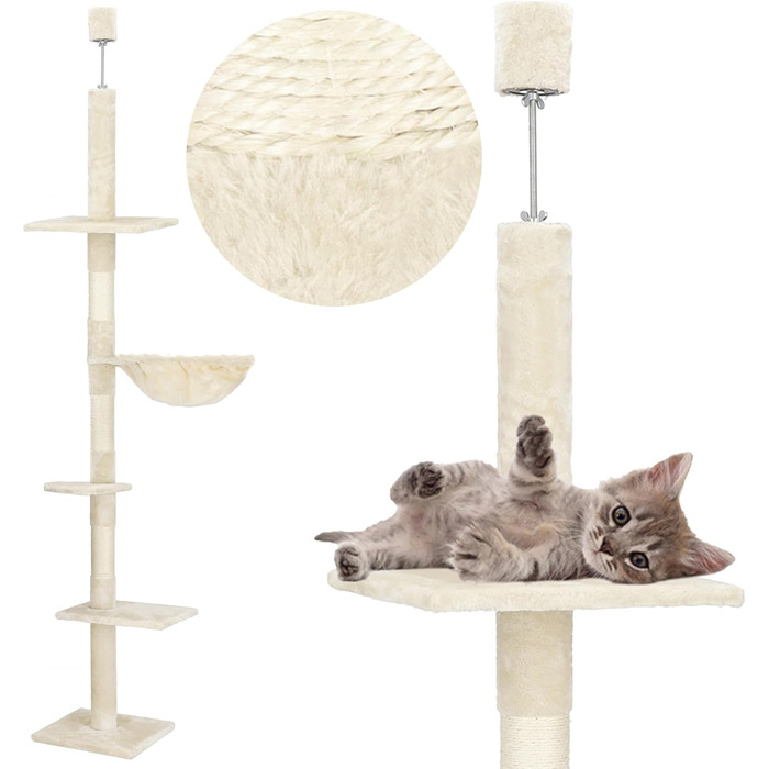Котячий комплекс SPRINGOS з дряпалкою, лежаком та регульованою висотою 245-260 см, кремовий