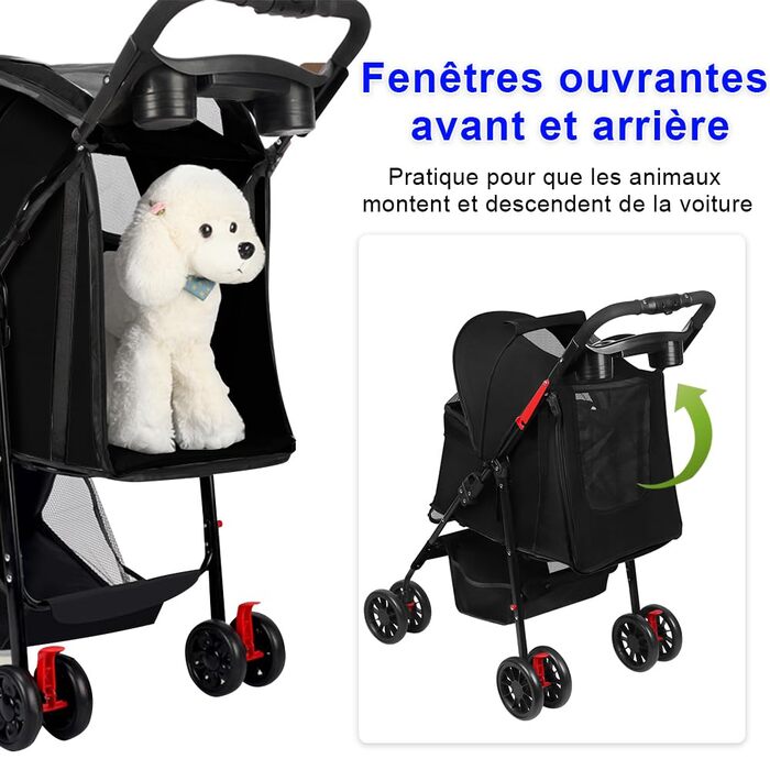 Дитяча коляска для собак та котів Homewell, складана, до 20 кг, з ременями, вантажний відсік та тримач для напоїв (Чорний)