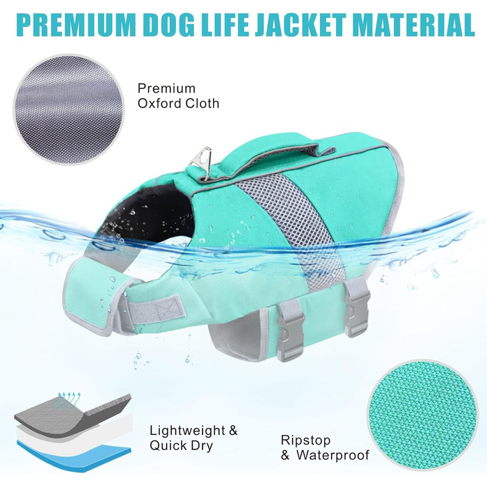 Рятувальний жилет для собак з високою плавучістю, світловідбиваючий, для плавання, катання на човні, серфінгу, каякінгу. Підходить для собак маленьких, середніх та великих порід. Колір: зелений (світло-блакитний), розмір: L