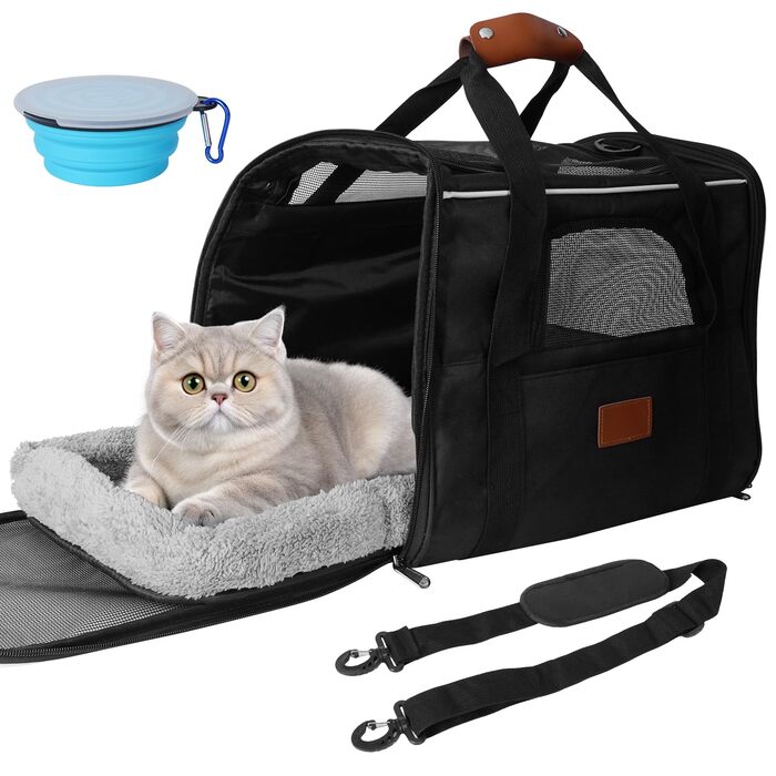 Транспортна сумка для кота, переноска для кота, складана переноска для кота в літаку, переноска для тварин з мискою та флісовим килимком, переноска для котів та маленьких собак до 10 кг (Чорна)