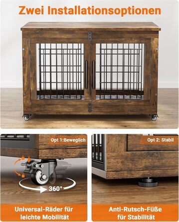 Кіяпа - Будка для собак у дім з подушкою, сучасна будка для собак з двома дверцятами та колесами, для великих собак до 70 кг, 98x64x68 см, (Рустичний коричневий, L)