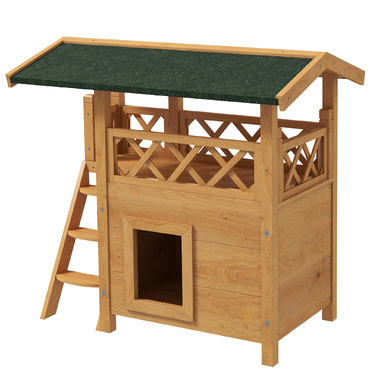 PawHut Cat House 2-поверховий з асфальтовим дахом і балконом, вілла для кішок з масиву дерева зі сходами, натуральна, 77x50x73см| Аосом