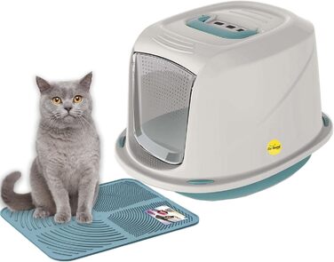 Кігтечка-туалет для котів з кришкою та дверцятами, синій килимок, 57 x 39,5 x 38 см, XL