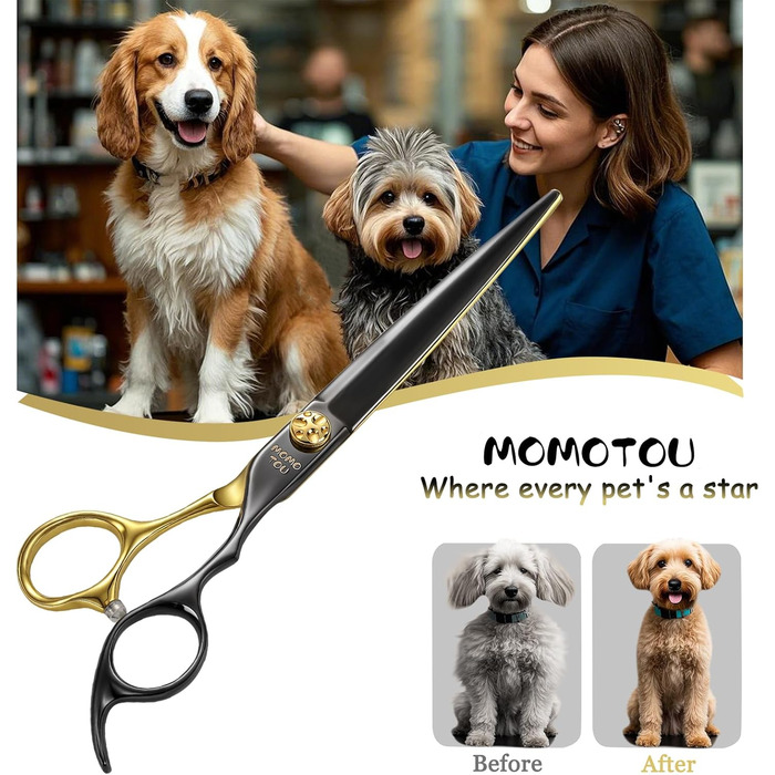 Професійна вигнута ножиця для грумінгу собак, японська сталь 440C, 19.1 см, чорний та золотий колір