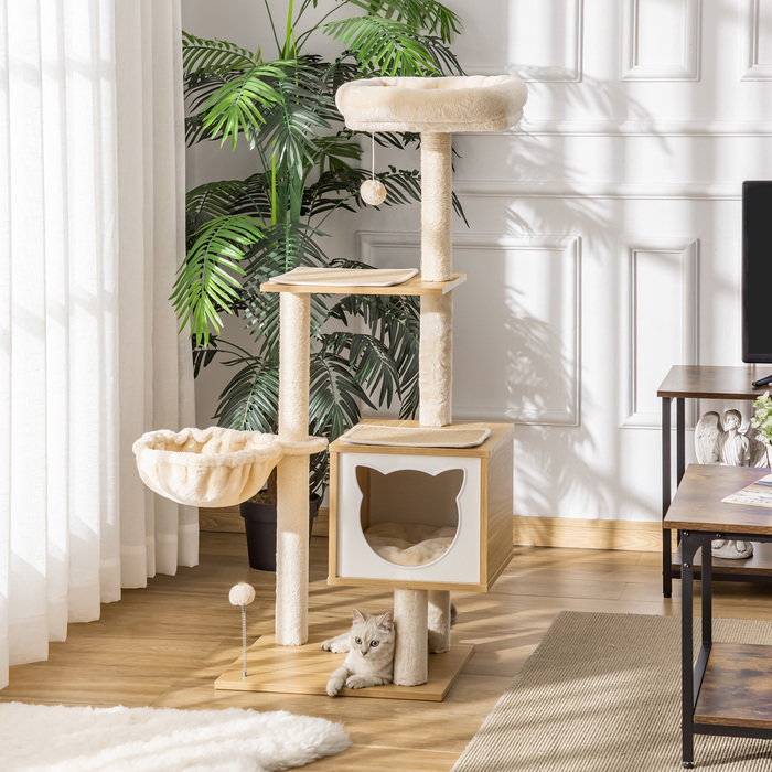 PawHut Cat Tree Бежева котяча печера з платформою висотою 126см з дерева та ДСП Сизаль для кішок