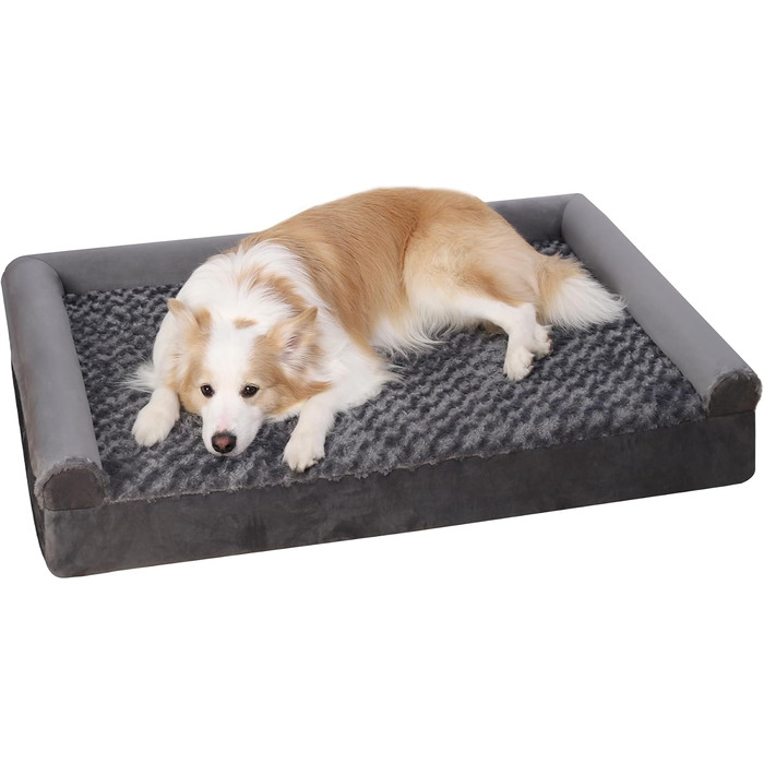 Ортопедичне ліжко для собак KSIIA, великі породи, 111x81x18 см, знімний та пральний чохол, XL диванчик для собак з трьома піднятими бортиками, неслизьке дно, кошик для собак з ноппеновим наповнювачем, сірий колір