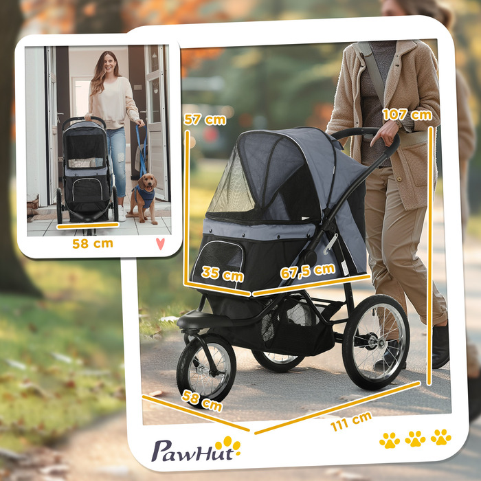 PawHut Dog Buggy Cat Buggy складний зі світловідбивачами, кошиком для зберігання, захистом від сонця та сітчастим вікном, Оксфорд сірий