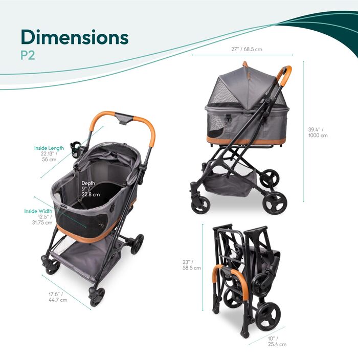 Візок для тварин WonderFold P2 для собак та котів з знімним кошиком, відкидним капюшоном з застібками та сітчастими віконцями, одноступеневе гальмо та легке складання, сірий колір Glacier Grey