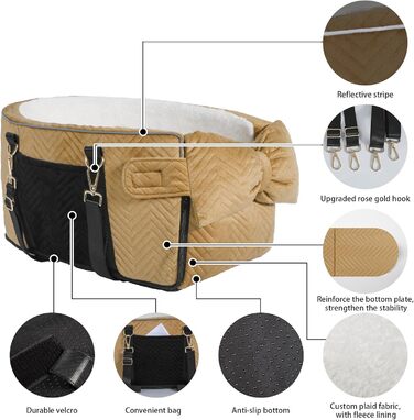 Автокрісло для собак Mittelkonsole - зручне автокрісло для маленьких собак до 6,8 кг, коричневе, з підкладкою та ременем безпеки