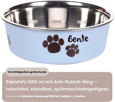Персоналізований миска для собак з нержавіючої сталі 2200 мл – антиковзний кільце – для великих собак – з іменем – Petslino (Світло-блакитний, L)