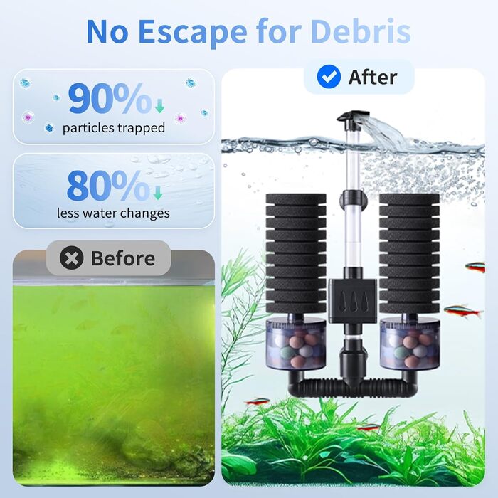 Фільтр для акваріума AQQA, 8W, внутрішній, тихий, 190 л/год, біологічне та механічне фільтрування, до 210 л