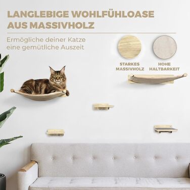 WOOWOOD® Комплект для лазіння котів на стіну (5 частин) - дерев'яний комплекс для котів з драбиною, гамаком та когтеточкою