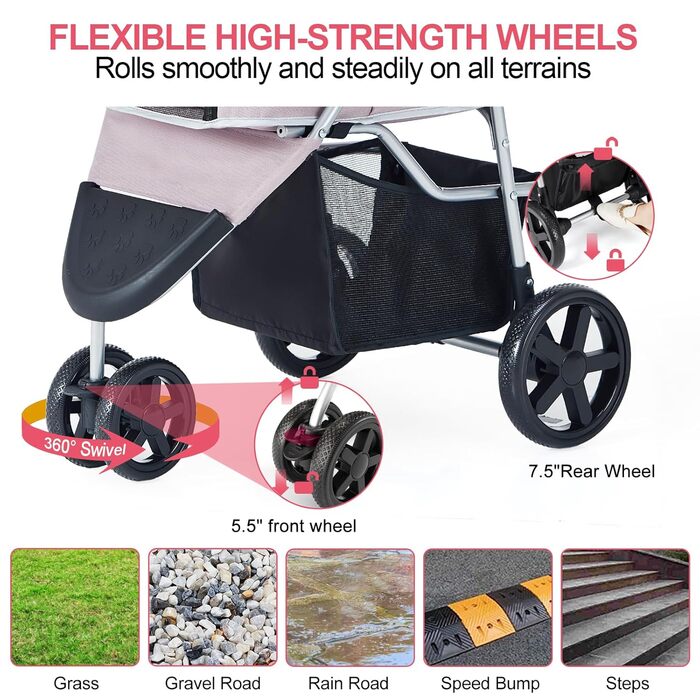 Візок для собак до 15 кг, складний, з кошиком для зберігання, сіткою, захистом від дощу, рожевий