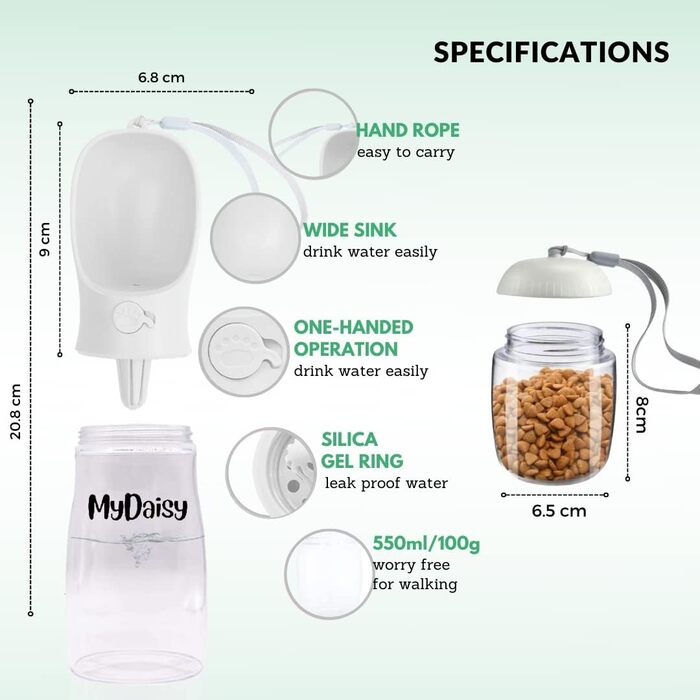 Водяна пляшка для собак на 550 мл з контейнером для корму 100г - вилкаюча, велика, для собак та цуценят, біла