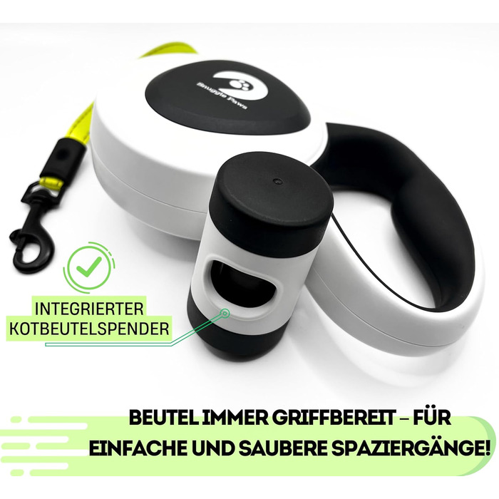 Рулетка для собак Snuggle Paws 5 м з LED-ліхтарем, диспенсером для пакетів, антивандальним сталевим тросом і світловідбиваючою стрічкою, для великих собак до 50 кг