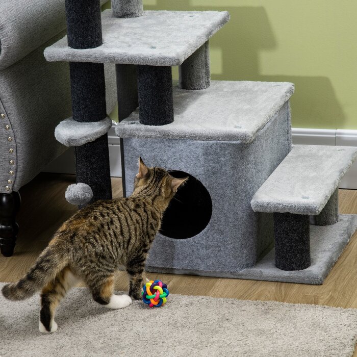 PawHut Pet Stairs 3/4-ступінчасті сходинки для кішок зі спальним місцем та ігровим м'ячем, плюшевий чохол, міцна ДСП для котів