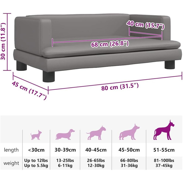 Крісло-ліжко для собак, м'яке ліжко для тварин, лежанка для маленьких собак та котів, штучна шкіра, 80 x 45 x 30 см, сірий колір