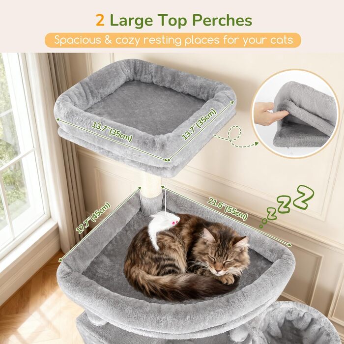 Комплекс для котів Globlazer XXL 209 см з 2 будиночками, великою платформою, 3 кошиками, ситцевими стійками, 8 стовпчиками з сизалю. Стабільний комплекс для котів Globlazer (S82, сірий)