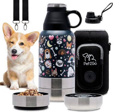 Пляшка для води PET2GO для собак 900 мл з контейнером для ласощів і знімними мисками, ізольований портативний нержавіючий поїльник для домашніх тварин, аксесуари для собак, для прогулянок і подорожей, сірий
