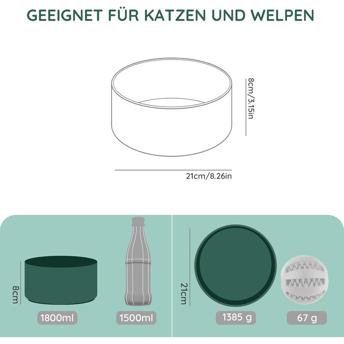 SPUNKYJUNKY Миска для собак та котів з кераміки, 1800 мл, зелена