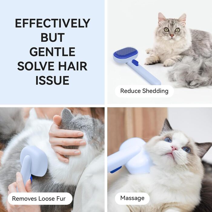 Щітка для котів Aumuca з кнопкою випуску шерсті, довговічна, для короткої та довгої шерсті, видаляє відмерле волосся та масажує (Блакитна)